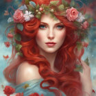 Portrait of a Woman with Curly Red Hair and Floral Crown