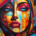 Vibrant geometric mural of woman's face with abstract and realistic features