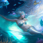 Ethereal mermaid with flowing hair surrounded by jellyfish and fish