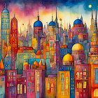 Colorful Watercolor Painting of Whimsical Cityscape at Dusk