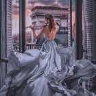 Woman in floral gown gazes at pink blossom landscape from window