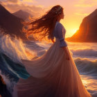 Woman in flowing dress on beach at sunset with billowing hair, crashing waves, and cliffs