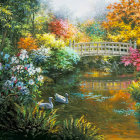 Serene pond painting with ducks, colorful foliage, and white bridge