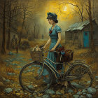 Vintage Attired Woman with Bicycle in Autumnal Rustic Scene