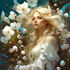 Blonde woman surrounded by white and blue flowers