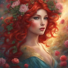 Vibrant red-haired woman with floral crown in serene setting