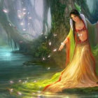 Ethereal woman in golden gown in mystical forest with sunlight and water.