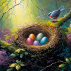 Colorful bird and eggs in lush foliage with magical lighting