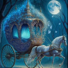 Moonlit Night Sky: Magical Horse-Drawn Carriage and Butterflies