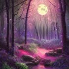 Enchanting full moon forest with luminescent flora and surreal colors