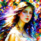 Colorful digital painting of woman with floral and feather patterns