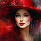 Portrait of Woman with Striking Red Lips and Large Red Hat Adorned with Roses