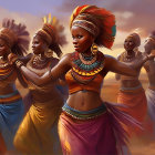 Colorful African attire: Four women dancing joyfully