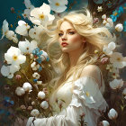 Ethereal woman with blonde hair surrounded by white flowers