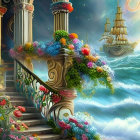 Ornate flower-adorned staircase in fantastical sky realm