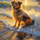 Fluffy dog on shore at sunset with waves and sunbeams