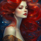 Colorful woman illustration with rose-like hair on dark starry backdrop