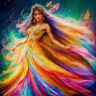 Colorful illustration: Woman in flowing dress with vibrant colors, surrounded by petals and butterflies