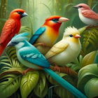 Colorful Birds Perched on Branches in Lush Green Foliage