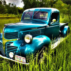 Vintage Blue Truck with Ornate Designs in Lush Green Setting