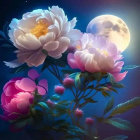 Pink and White Peonies with Full Moon and Starry Night Sky