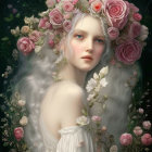 Porcelain-skinned female figure with pink rose wreath in mystical setting