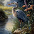 Great Blue Heron in Lush Vegetation by Water's Edge