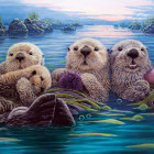 Three otters in serene sunset scene with water and mountains