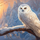 Snowy owl perched on snowy forest branch with sunlight and another bird