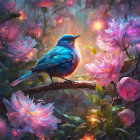 Colorful bird perched among pink blossoms in enchanted forest