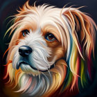 Fluffy dog portrait with wistful expression and colorful fur