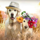 Two Dogs in Floral Leis and Hats Surrounded by Blooming Flowers