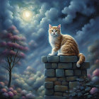 Ginger and White Cat on Brick Pillar in Magical Night Garden