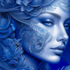 Intricate blue patterns on woman blending into monochromatic background