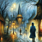 Village Evening Scene with Glowing Lights and Silhouettes