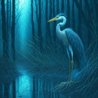 Great Blue Heron in Serene Wetland with Trees and Grasses