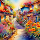 Colorful illustration: Quaint street with charming houses and lush flowers