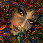 Woman's Face in Vibrant Multicolored Leaf Tapestry