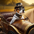 Steampunk-themed dog driving vintage car on country road at sunset