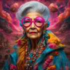 Elderly woman in pink glasses and colorful shawl against fantastical sky backdrop