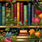 Colorful Books on Shelf with Flowers, Foliage, and Butterflies