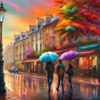 Rainy Paris street scene with couples under umbrellas, autumn leaves, street lamps, and shops