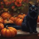 Black Cat Among Orange Pumpkins in Autumn Setting