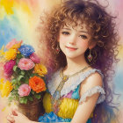 Curly-haired girl with flowers in pastel setting