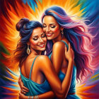 Two Women Embrace with Colorful Hair on Fiery Background