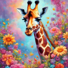 Vibrant giraffe illustration with flowers and butterflies