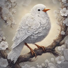 White bird perched on branch amidst blossoms in detailed artwork.