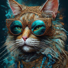 Detailed digital artwork of cat with blue eyes in gold glasses and headpiece on blue background