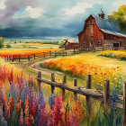 Colorful Watercolor Painting of Red Barn in Flower Meadow Under Stormy Sky