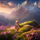 Person in hat walks through vibrant flower landscape towards sunlit mountains